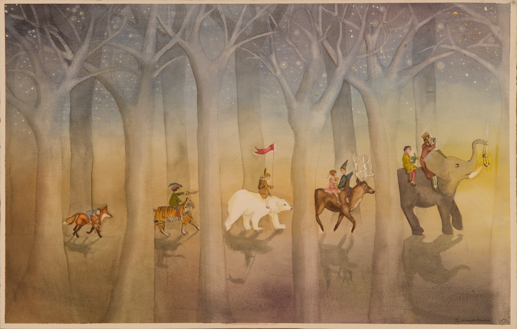 A watercolour painting of five animals in a line walking from left to right. There is a fox, a tiger, a polar bear, a stag, and an elephant.
Each one has a child on their back.
